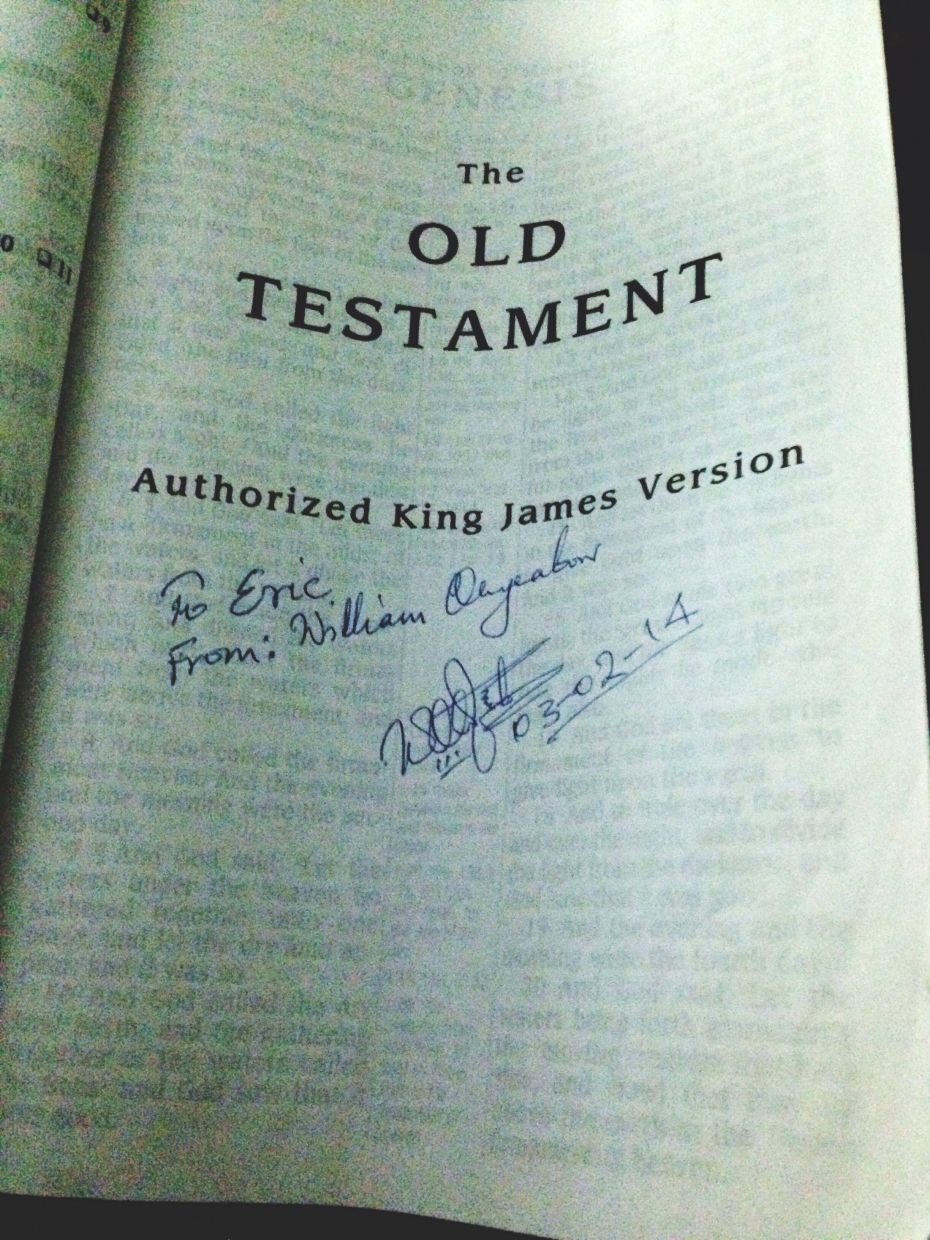 Signed Bible from William to Eric.