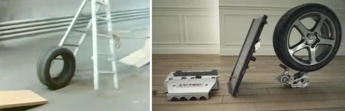 Stills from the film 'The Way Things Go,' left (1987), and to the right the Honda advertisement 'Cog.' (2003)