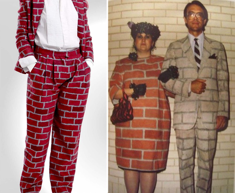 Anthea Hamilton’s 'Brick Suit' (2010, Jacquard woven wool) on the left and to the right Adelle Lutz’s 'Urban Camouflage' costumes for True Stories. (1986)