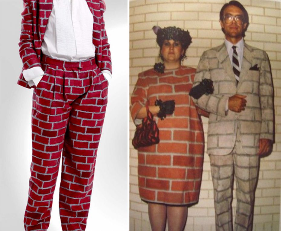 Anthea Hamilton’s 'Brick Suit' (2010, Jacquard woven wool) on the left and to the right Adelle Lutz’s 'Urban Camouflage' costumes for True Stories. (1986)