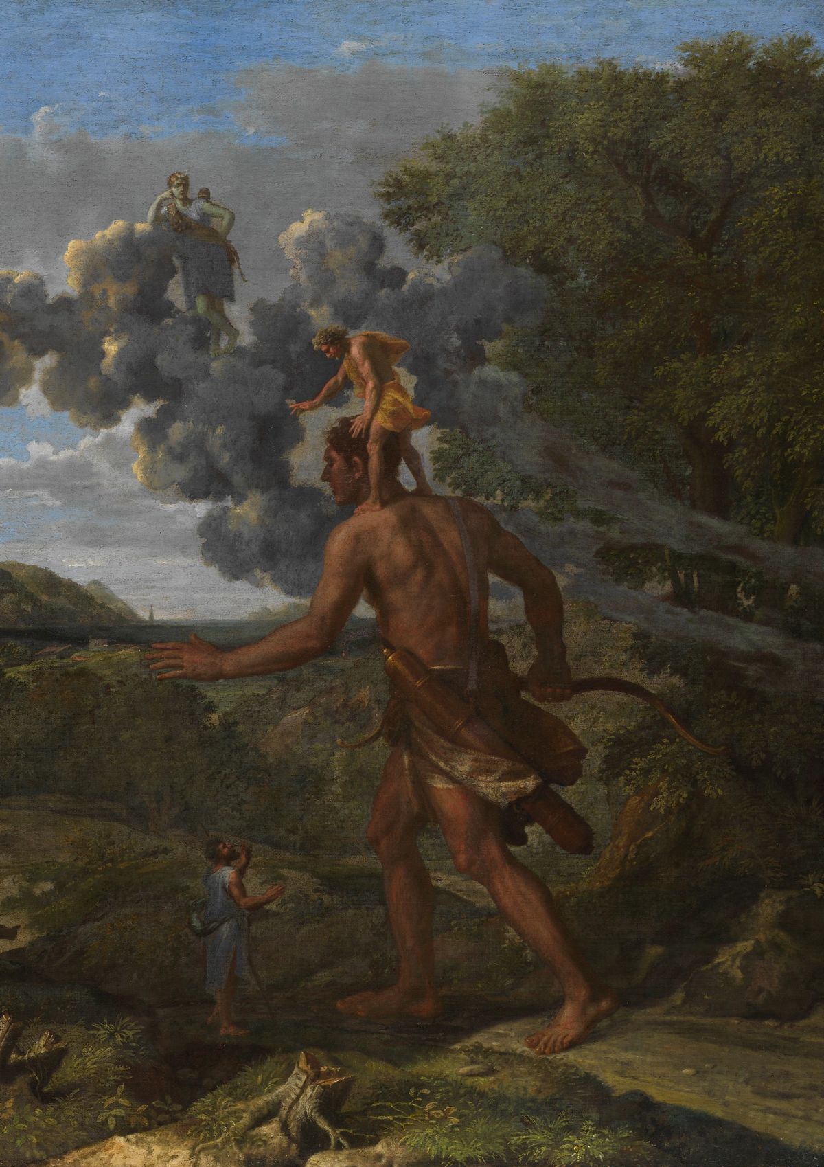 Detail picturing Cedalion standing on the shoulders of Orion from Nicolas Poussin’s painting 'Blind Orion Searching for the Rising Sun.' (1658, Oil on canvas, 46 ⅞ x 72 in.)