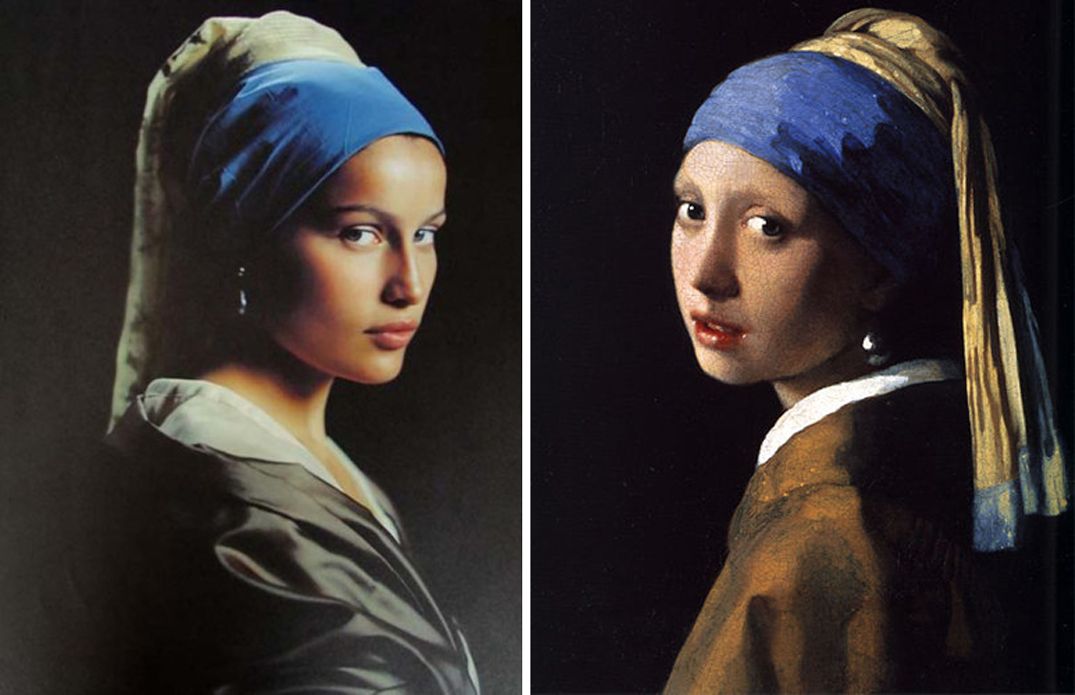 Laetitia Casta in Elle France, 1998, left, as Johannes Vermeer’s 'Girl with a Pearl Earring,' right. (c. 1665, Oil on canvas, 17 ½ x 15 3/8 in.)