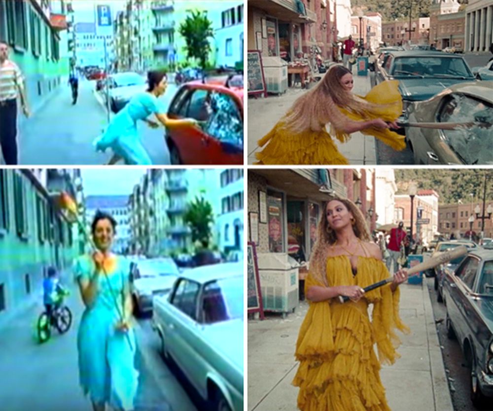 Stills from Pipilotti Rist's 'Ever Is Over All,' left (1997, Two-channel video with overlapping projections, color, sound with Anders Guggisberg), and to the right Beyoncé's music video 'Hold Up.' (2016)