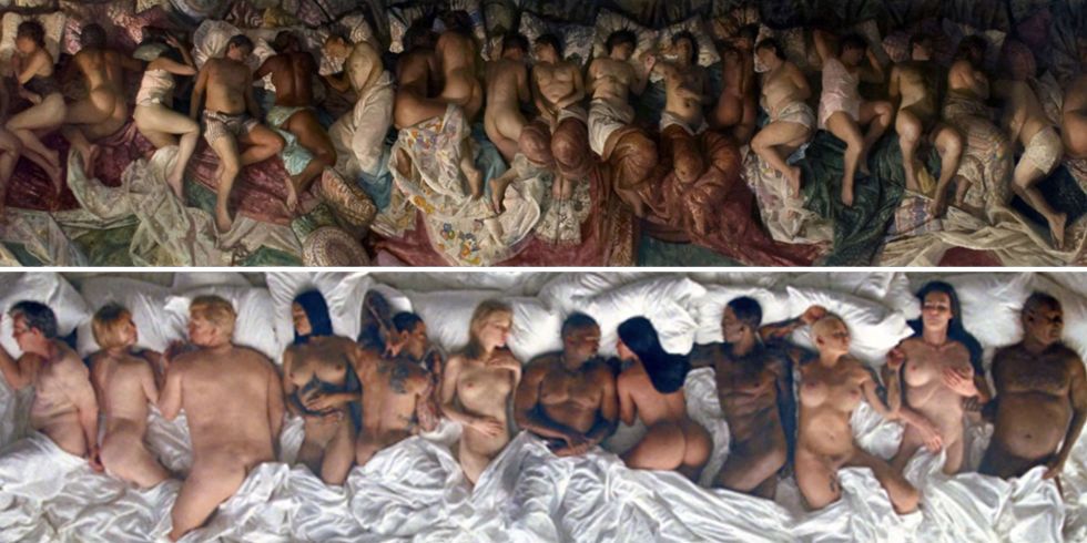 Vincent Desiderio’s painting 'Sleep' (2003-2008, Oil on canvas, 8 x 24 feet) at top, and below a still from Kanye West’s 'Famous' music video. (2016)
